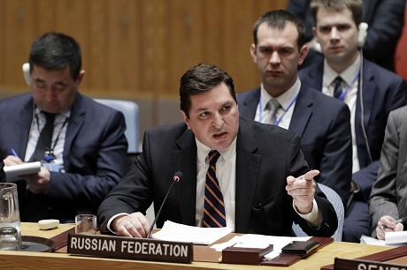 Vladimir Safronkov (C, front), Russian Deputy Ambassador to the United Nations. Photo Xinhua.