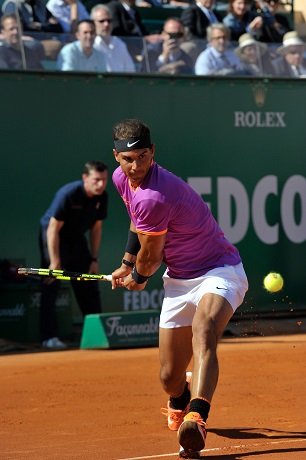 Rafael Nadal of Spain returns the ball during a round of 16 match against Alexander Zverev of Germany at the ATP World Tour Masters Monte Carlo in Roquebrune-Cap-Martin, France on April 20, 2017. Rafael Nadal of Spain won 2-0. Photo Xinhua.