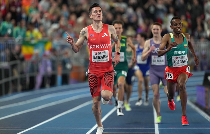 Jakob Ingebrigtsen of Norway celebrates after the men's 3000m final at the 2025 World Athletics Indoor Championships in Nanjing, east China's Jiangsu Province, March 22, 2025. Photo: Xinhua by Li Bo.